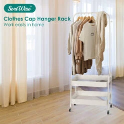 2 In 1 Garment Clothes Rack With 2-Tier Storage Basket And Side Hanging Hooks - SortWise® -Merangue International shop large 01fe1 SortWise SW DSTH 01 Racks stands 2 in 1 Garment Clothes Rack with 2 Tier Storage Basket and Side Hanging Hooks SortWise