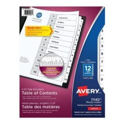 Avery Ready Index Table Of Content Dividers, Numbers 1-12, Black On White