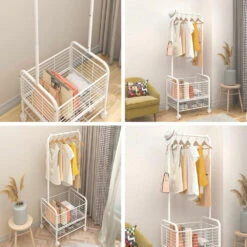 2 In 1 Garment Clothes Rack On Wheels With Metal Storage Basket And Bottom Rack - SortWise® -Merangue International shop large 145b7 SortWise SW DSTH 02 Frame Clothes Cap hanger rack