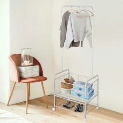 2 In 1 Garment Clothes Rack On Wheels With Metal Storage Basket And Bottom Rack - SortWise®