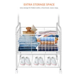 2 In 1 Garment Clothes Rack On Wheels With Metal Storage Basket And Bottom Rack - SortWise® -Merangue International shop large 3e512 SortWise SW DSTH 02 Frame Clothes Cap hanger rack