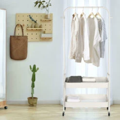 2 In 1 Garment Clothes Rack With 2-Tier Storage Basket And Side Hanging Hooks - SortWise® -Merangue International shop large 51096 SortWise SW DSTH 01 Racks stands 2 in 1 Garment Clothes Rack with 2 Tier Storage Basket and Side Hanging Hooks SortWise