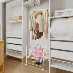 2 In 1 Garment Clothes Rack On Wheels With Metal Storage Basket And Bottom Rack - SortWise® -Merangue International shop large 587d9 SortWise SW DSTH 02 Racks Stands 2 in 1 Garment Clothes Rack with Storage basket and Bottom Rack SortWise
