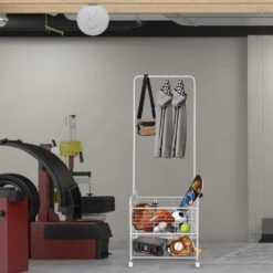 2 In 1 Garment Clothes Rack On Wheels With Metal Storage Basket And Bottom Rack - SortWise® -Merangue International shop large 678b8 SortWise SW DSTH 02 Racks Stands 2 in 1 Garment Clothes Rack with Storage basket and Bottom Rack SortWise