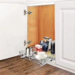 Slide Out Cabinet Basket Organizer ， 21 1/16" X 17 1/8" X 4 1/8", Chrome,for Kitchen - SortWise® -Merangue International shop large 68161 SortWise SW POCS 1721 Organizers Slide Out Cabinet Organizer Pull Out Under Cabinet Sliding Shelf Chrome SortWise