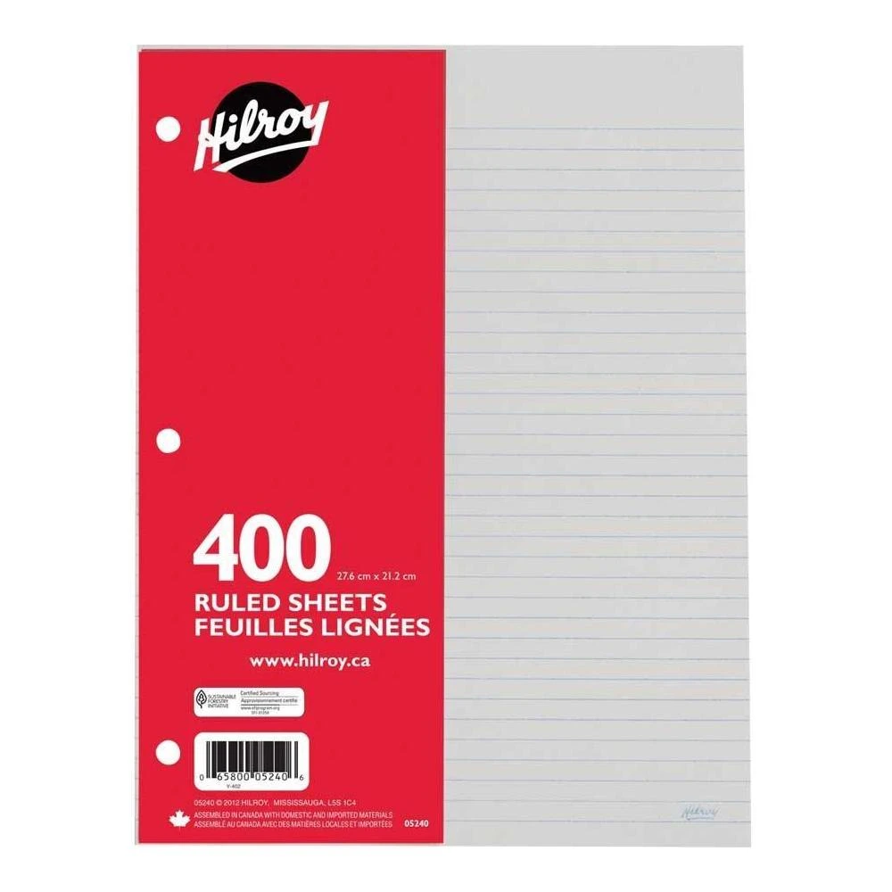 Hilroy Ruled Loose Leaf Refill Sheets,3 Hole-punched. 8-1/2 X 11" - 400/package 1 Hilroy Ruled Loose Leaf Refill Sheets,3 Hole-punched. 8-1/2 X 11" - 400/package
