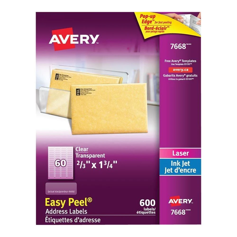 Avery® Easy Peel® Clear Address Labels - 2/3 X 1-3/4", 600 Labels/Pack 1 Avery® Easy Peel® Clear Address Labels - 2/3 X 1-3/4", 600 Labels/Pack
