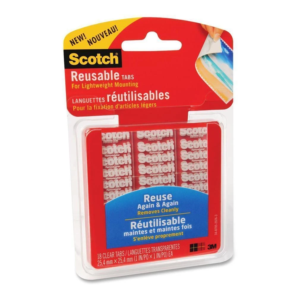 3M Scotch Reusable Double-Sided Mounting Tapes (Package Of 6/18/72) - 1” X 1” Strips. Package Of 18. 1 3M Scotch Reusable Double-Sided Mounting Tapes (Package Of 6/18/72) - 1” X 1” Strips. Package Of 18.