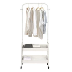 2 In 1 Garment Clothes Rack With 2-Tier Storage Basket And Side Hanging Hooks - SortWise® -Merangue International shop large 94126 SortWise SW DSTH 01 Racks stands 2 in 1 Garment Clothes Rack with 2 Tier Storage Basket and Side Hanging Hooks SortWise