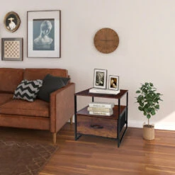 2-Tier Sofa Side End Table With 1 Fabric Drawer, Rustic Nightstands & Bedside Table - SortWise® 24 2-Tier Sofa Side End Table With 1 Fabric Drawer, Rustic Nightstands & Bedside Table - SortWise® -Merangue International shop large 9471d SortWise SW ALS5L 5814 Storage Boxes Baskets 1 Drawer Bedside Table