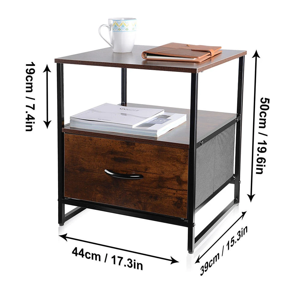 2-Tier Sofa Side End Table With 1 Fabric Drawer, Rustic Nightstands & Bedside Table - SortWise® 2 2-Tier Sofa Side End Table With 1 Fabric Drawer, Rustic Nightstands & Bedside Table - SortWise® - Image 2